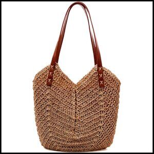 Large Straw Tote Bag with Zipper Boho Chic Summer Beach Travel Shoulder Bag